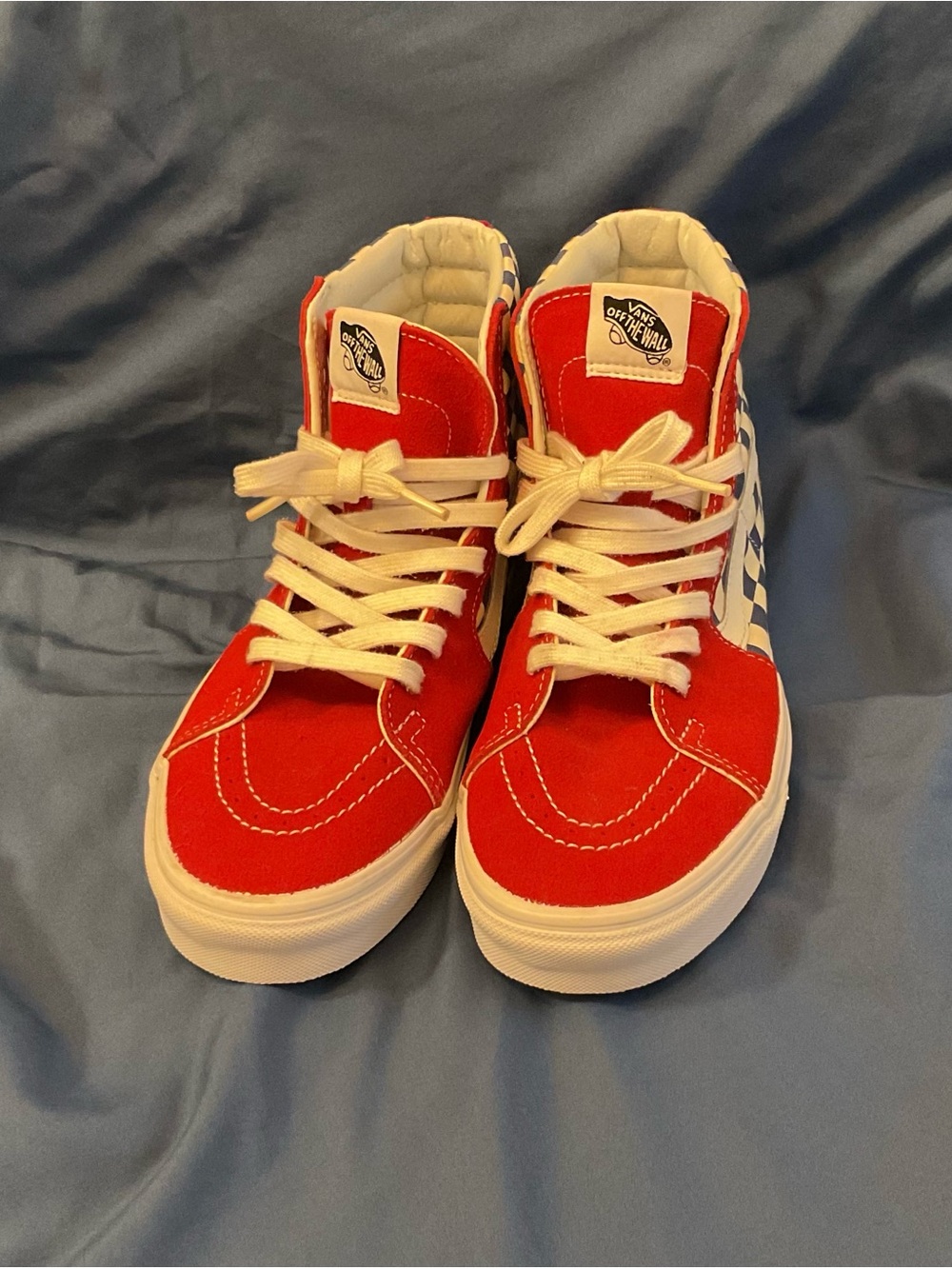 Vans High Top Checkerboard Sneakers in Red, Blue and White - Picture 2 of 6